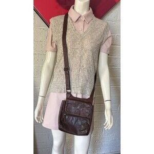 Jack Georges Tooled Floral Brown Leather Voyager Crossbody Bag Purse $195